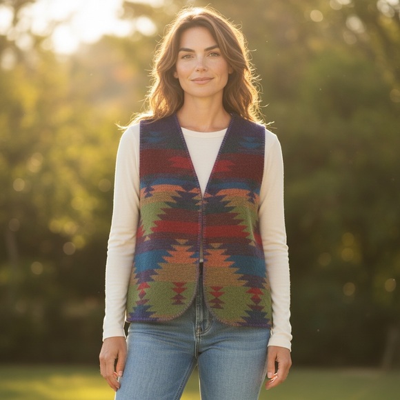 Rhonda Stark Navajo Southwest Wool Blend Blanket Vest Women’s Size Medium - Picture 9 of 11